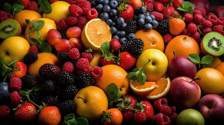 Assortment of fresh fruits and berries as a background, top viewの素材