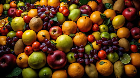 Fruits background. Different types of fruit including apples, oranges, grapefruits and pears.の素材
