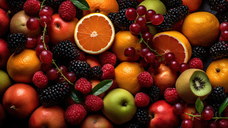 Fresh fruits background. Blackberry, raspberry, orange, grapefruit, blackberryの素材