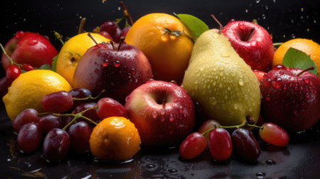 Fresh fruits with water drops on a black background. Selective focus.の素材