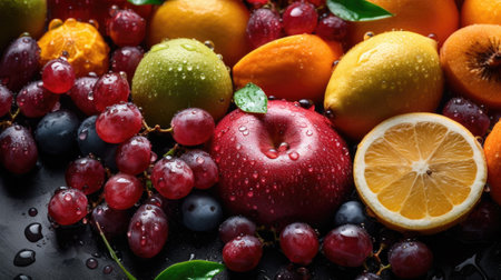 Fresh fruits with water drops on dark background, closeup. Space for textの素材