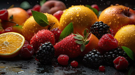 Mix of fresh fruits with water drops on dark background, closeupの素材