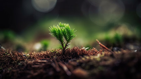 Young pine sprout growing in the forest. Nature concept. Selective focus.の素材