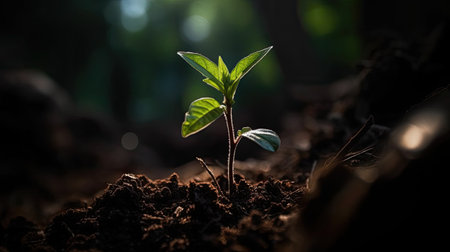 Green seedling growing from seed on blurred natural background with bokehの素材