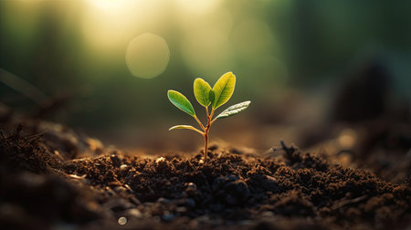 Green seedling illustrating concept of new life and environmental conservation with sunlightの素材