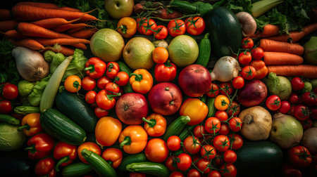Variety of fresh fruits and vegetables as a background. Selective focus. Toned.の素材