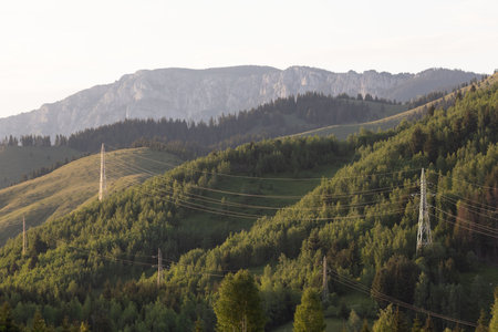 High-voltage lines on the background of mountains and forests.の写真素材