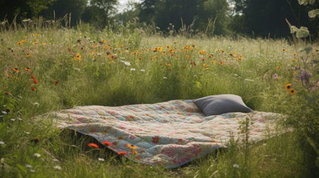 Picnic blanket in the meadow with colorful flowers and sunflowersの素材