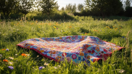 A colorful blanket lying on the grass in a meadow with flowersの素材