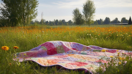 Colorful blanket on a meadow with flowers and trees in the backgroundの素材