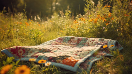 Colorful blanket in the meadow at sunset. Vintage style.の素材