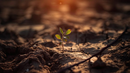 Young plant on cracked soil, Global warming and climate change concept.の素材