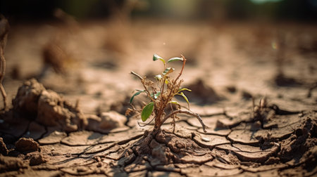 Young seedling growing from cracked soil. Concept of global warming.の素材