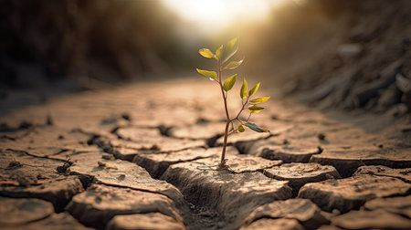 Plant growing on cracked ground. Concept of climate change and global warmingの素材