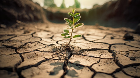 Green plant growing on cracked earth background. Global warming and climate change conceptの素材