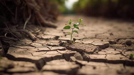 Green sprout growing from crack in dry soil, Global warming conceptの素材