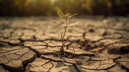 Plant on dry cracked soil, Global warming and climate change conceptの素材