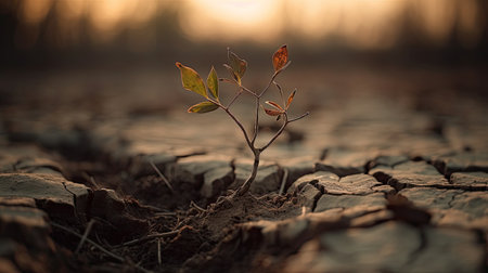 Plant growing on cracked ground at sunset. Concept of climate changeの素材