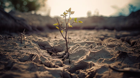 Young plant growing on cracked soil. Concept of drought and global warmingの素材