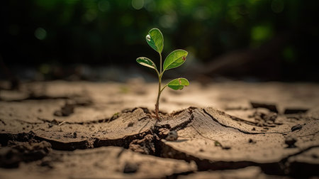 Green seedling growing from crack in the ground showing concept of new lifeの素材