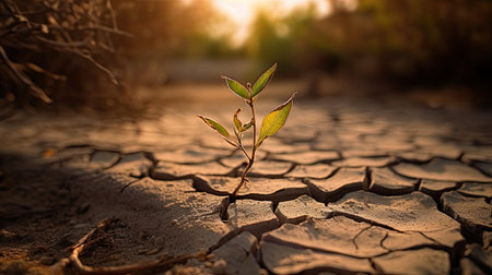 Plant on dry cracked earth. Global warming and climate change conceptの素材