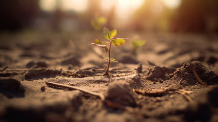 Young sprout growing on soil in the morning light. Nature backgroundの素材