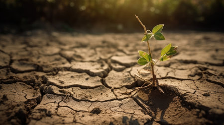 Plant growing on dry cracked soil, Global warming and climate change conceptの素材