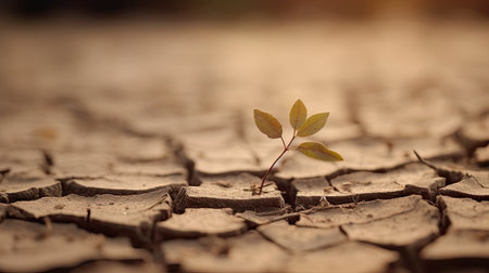 A small plant growing out of the cracked earth. Global warming concept.の素材