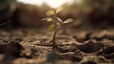 Plant growing on cracked soil, global warming concept, nature backgroundの素材