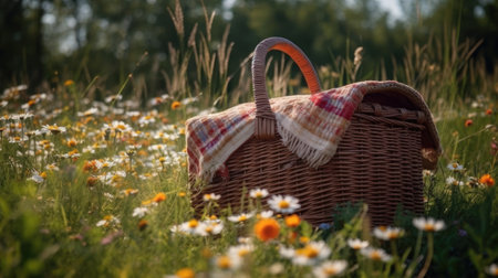 Picnic basket on the meadow with daisies and flowersの素材