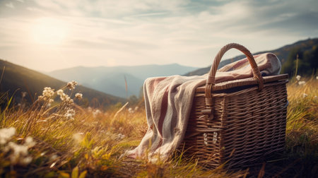 Picnic basket with blanket in the mountains.の素材
