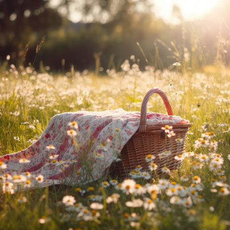 Picnic basket on the meadow with daisies at sunsetの素材