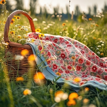 Wicker picnic basket with a blanket on a green meadow.の素材