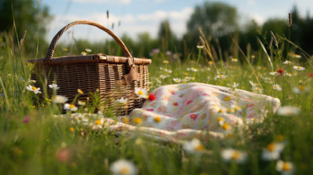 Picnic basket and blanket on the green meadow with daisiesの素材