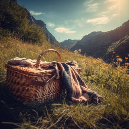Wicker picnic basket with blanket on the grass in the mountains.の素材