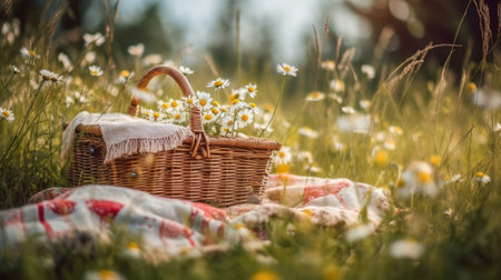 Picnic basket with chamomile flowers on the meadowの素材