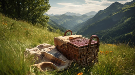 Picnic basket on the green grass and mountains in the background.の素材