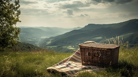 Picnic in the mountains. Basket with a blanket on the grassの素材