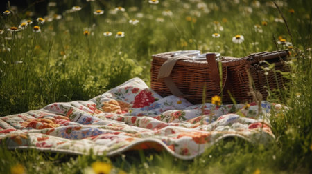 Picnic basket on green grass with daisies in the backgroundの素材