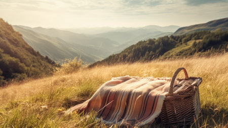 Picnic basket on a grassy hillside with mountains in the backgroundの素材