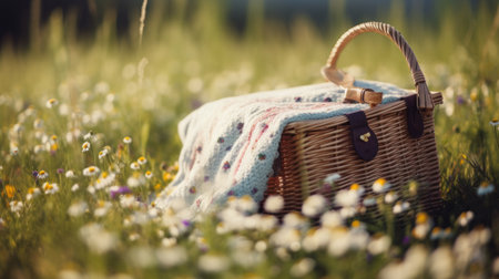 Wicker picnic basket on a green meadow with wildflowersの素材