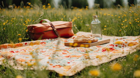 Picnic in the meadow with bread and a bottle of wineの素材