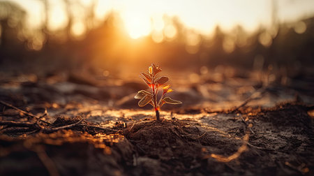 Young seedling in the ground at sunset. Concept of new lifeの素材