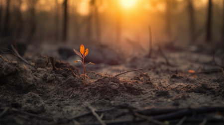 Small sprout in the soil in the forest with sunset background.の素材