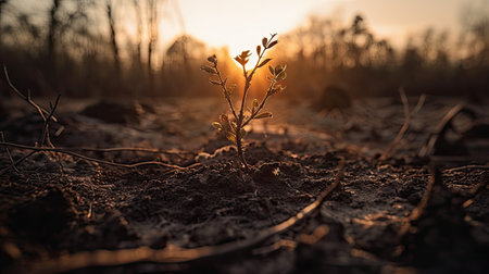 Young sprout growing in the soil at sunset. Nature concept.の素材