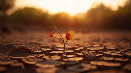 Tree seedling growing on dry cracked soil at sunset. Concept of climate change.の素材