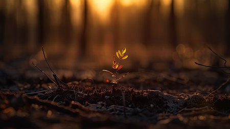 Young seedling in the forest at sunset. Selective focus.の素材