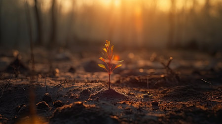 Young sprout growing on cracked soil in the forest at sunset.の素材