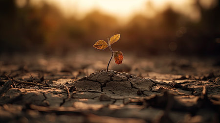 Young plant growing on cracked ground. Concept of drought and global warmingの素材