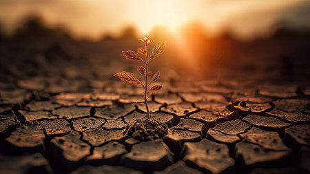 Plant growing on the dry soil with sunlight background. Global warming conceptの素材